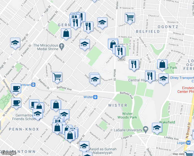 map of restaurants, bars, coffee shops, grocery stores, and more near 530 East Penn Street in Philadelphia