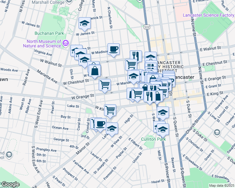 map of restaurants, bars, coffee shops, grocery stores, and more near 404 West Orange Street in Lancaster