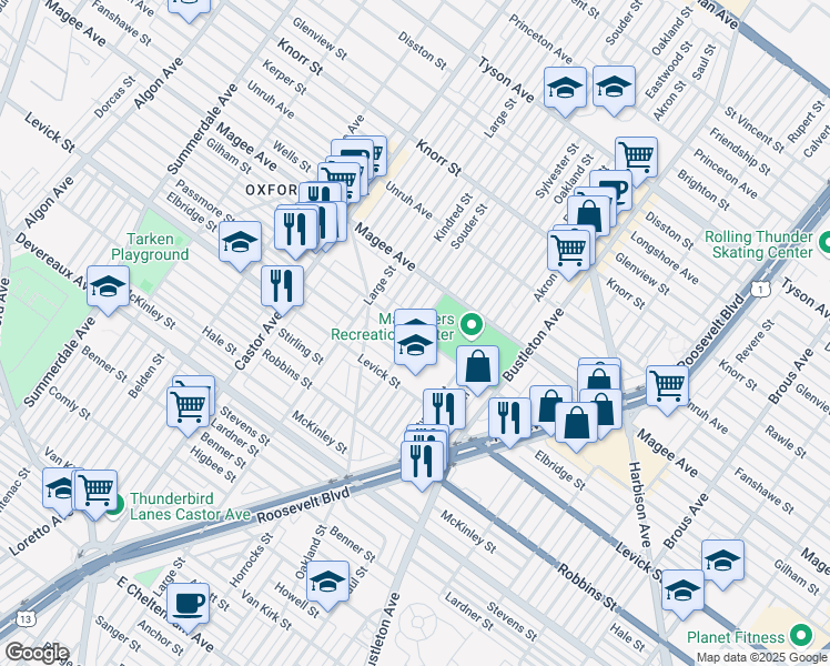 map of restaurants, bars, coffee shops, grocery stores, and more near Horrocks St & Hellerman St in Philadelphia
