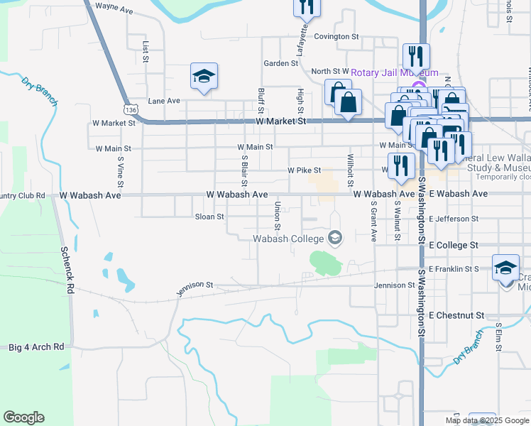 map of restaurants, bars, coffee shops, grocery stores, and more near 716 Sloan Street in Crawfordsville