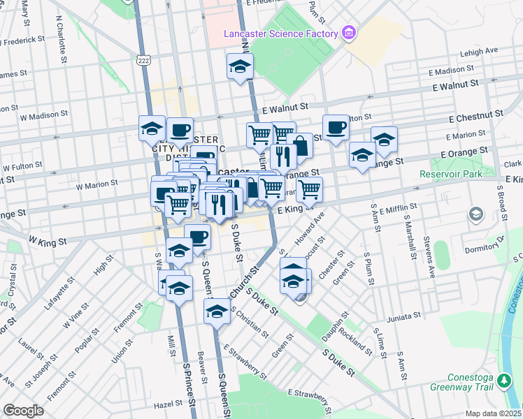 map of restaurants, bars, coffee shops, grocery stores, and more near 157 East King Street in Lancaster