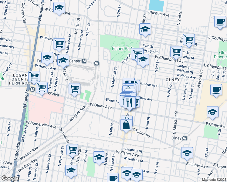 map of restaurants, bars, coffee shops, grocery stores, and more near 5707 North Marshall Street in Philadelphia