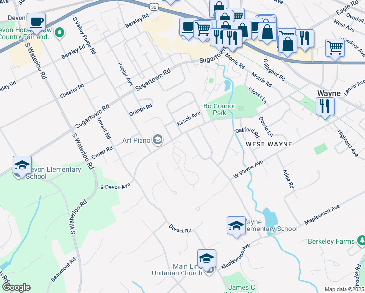 map of restaurants, bars, coffee shops, grocery stores, and more near 113 Eaton Drive in Wayne