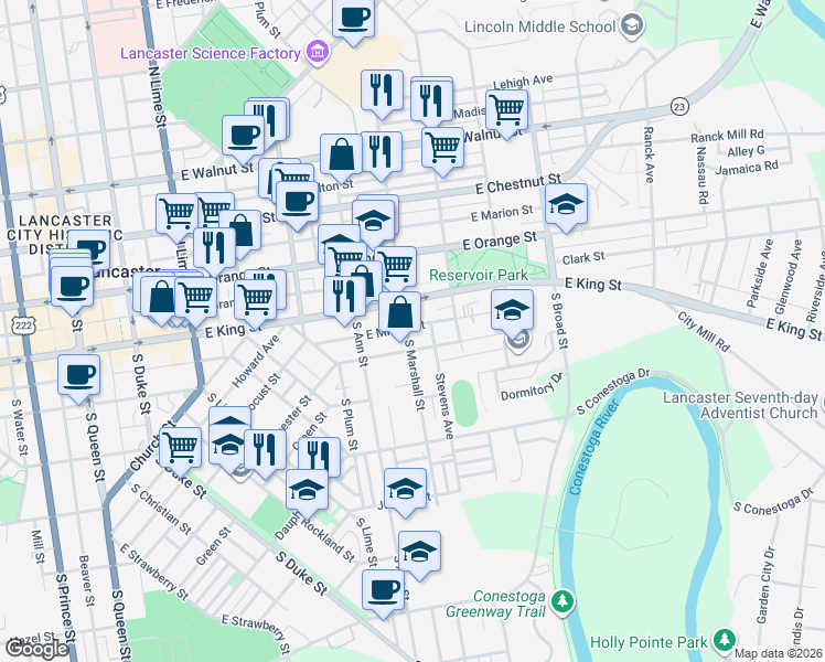 map of restaurants, bars, coffee shops, grocery stores, and more near 72 South Marshall Street in Lancaster