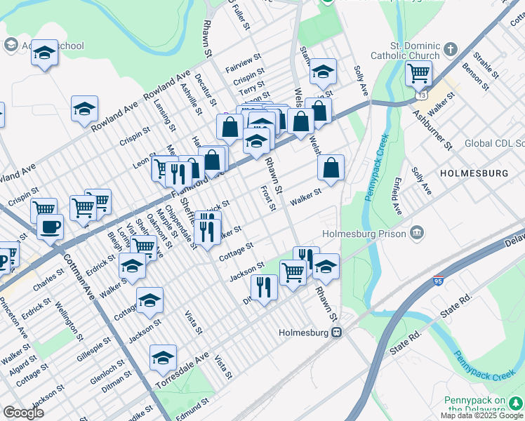 map of restaurants, bars, coffee shops, grocery stores, and more near 4245 Decatur Street in Philadelphia
