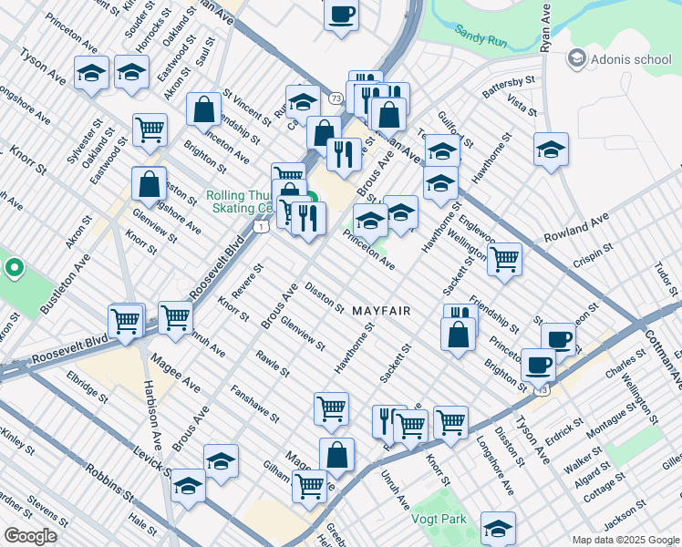 map of restaurants, bars, coffee shops, grocery stores, and more near 2937 Disston Street in Philadelphia