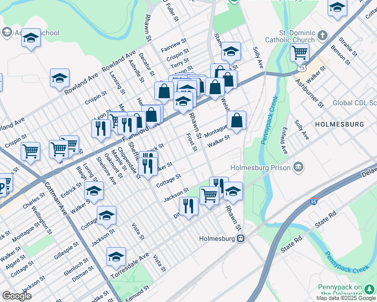 map of restaurants, bars, coffee shops, grocery stores, and more near 4245 Decatur Street in Philadelphia