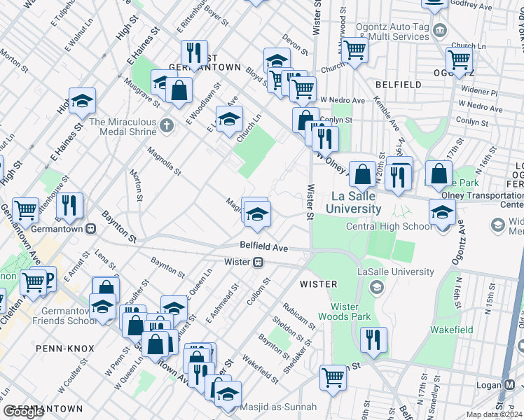 map of restaurants, bars, coffee shops, grocery stores, and more near 530 East Penn Street in Philadelphia