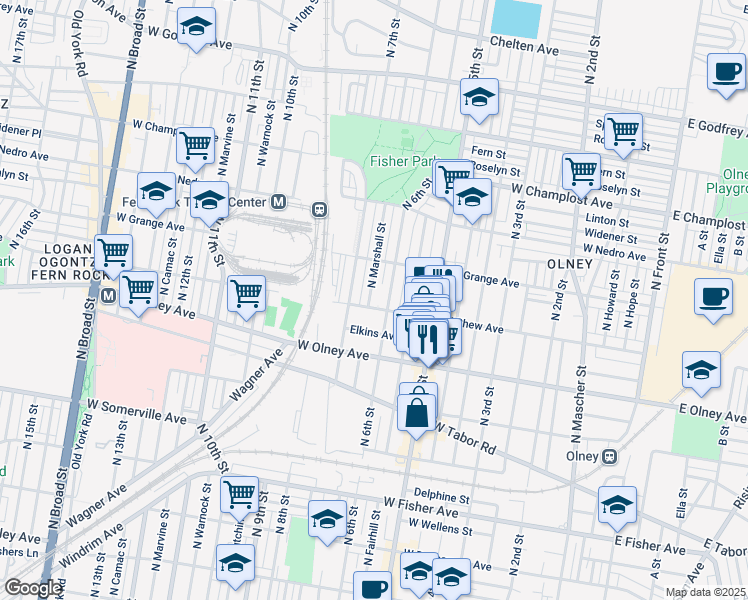 map of restaurants, bars, coffee shops, grocery stores, and more near 5707 North Marshall Street in Philadelphia