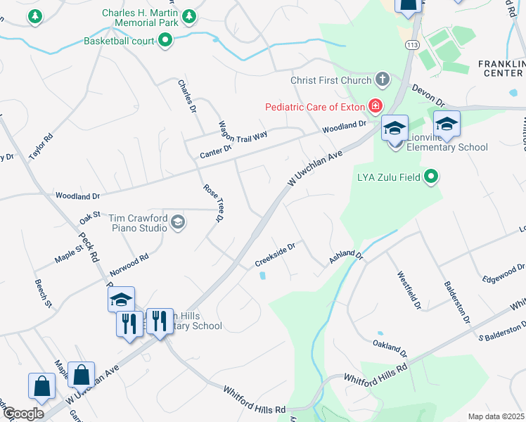 map of restaurants, bars, coffee shops, grocery stores, and more near 1 Northwood Drive in Downingtown