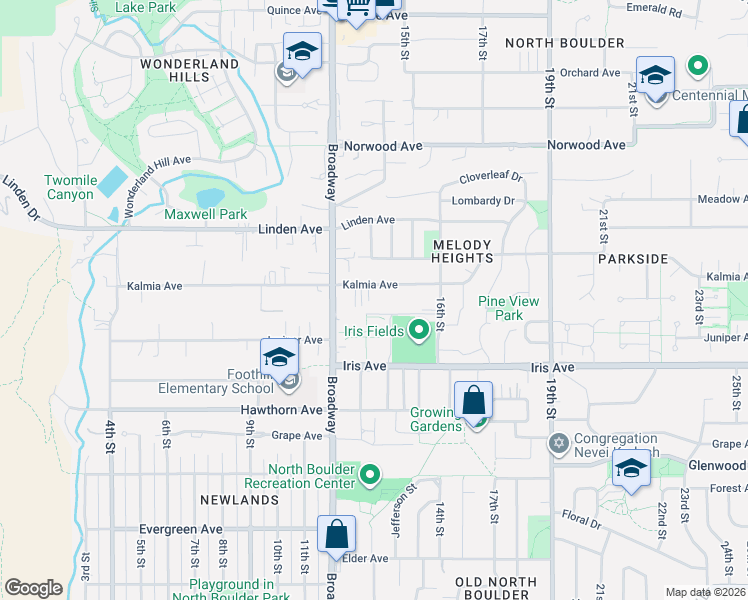 map of restaurants, bars, coffee shops, grocery stores, and more near 3482 Broadway in Boulder