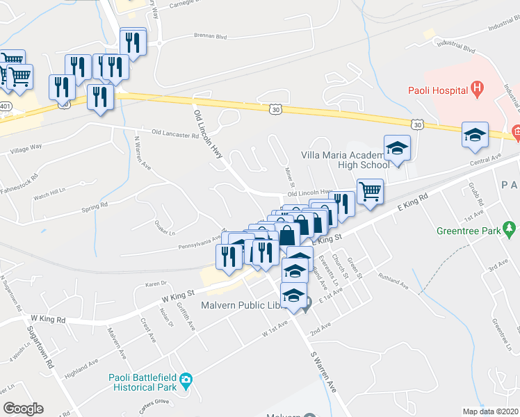 map of restaurants, bars, coffee shops, grocery stores, and more near 131 Longford Avenue in Malvern