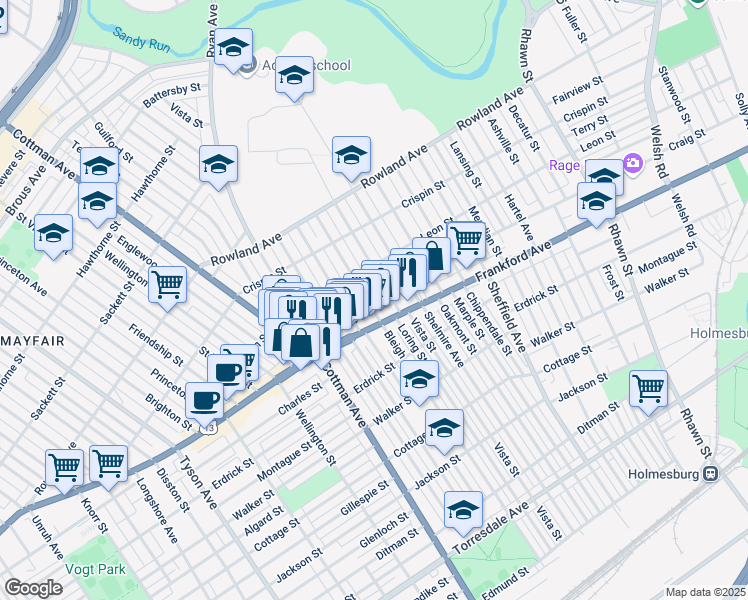 map of restaurants, bars, coffee shops, grocery stores, and more near 3551 Tudor Street in Philadelphia