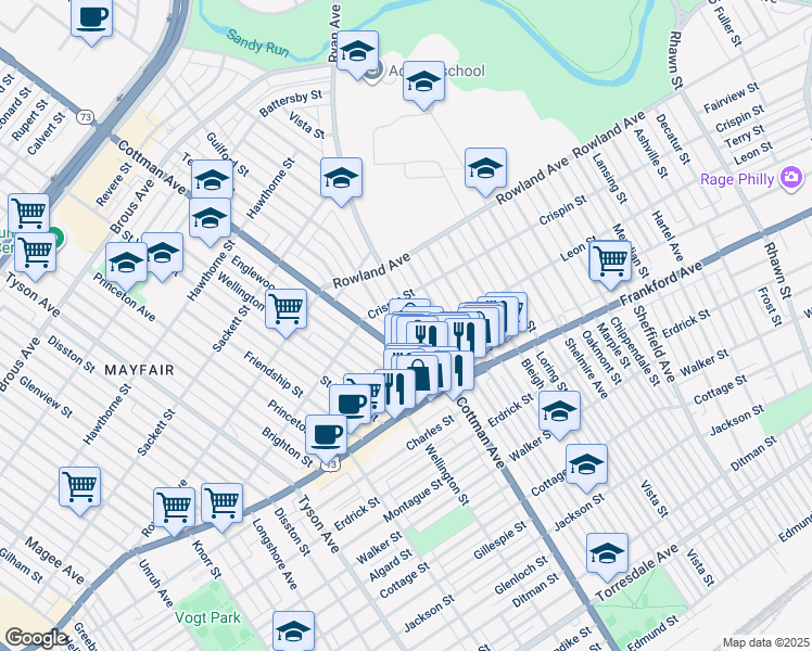 map of restaurants, bars, coffee shops, grocery stores, and more near 3452 Ryan Avenue in Philadelphia