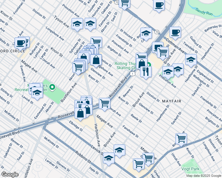 map of restaurants, bars, coffee shops, grocery stores, and more near 2249 Knorr Street in Philadelphia