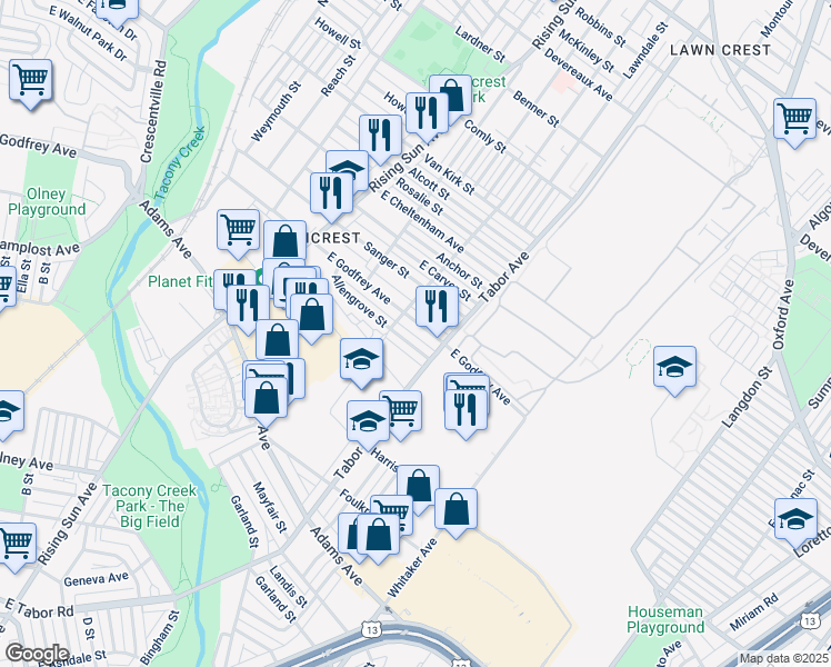 map of restaurants, bars, coffee shops, grocery stores, and more near 657 Allengrove Street in Philadelphia