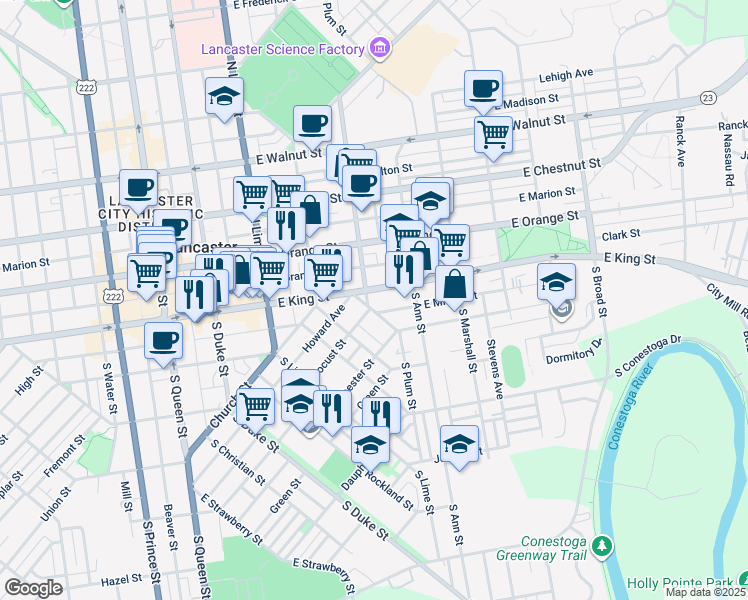 map of restaurants, bars, coffee shops, grocery stores, and more near 20 Locust Street in Lancaster
