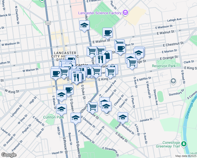 map of restaurants, bars, coffee shops, grocery stores, and more near 215 East Mifflin Street in Lancaster