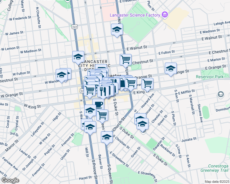 map of restaurants, bars, coffee shops, grocery stores, and more near 100 East King Street in Lancaster