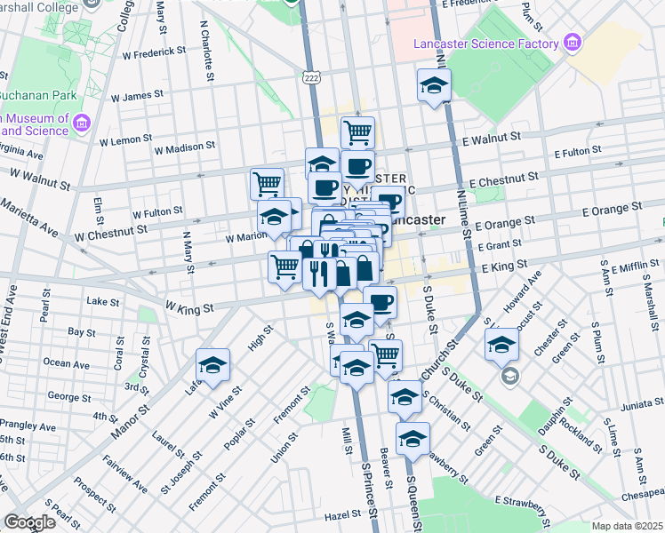 map of restaurants, bars, coffee shops, grocery stores, and more near 6 North Prince Street in Lancaster