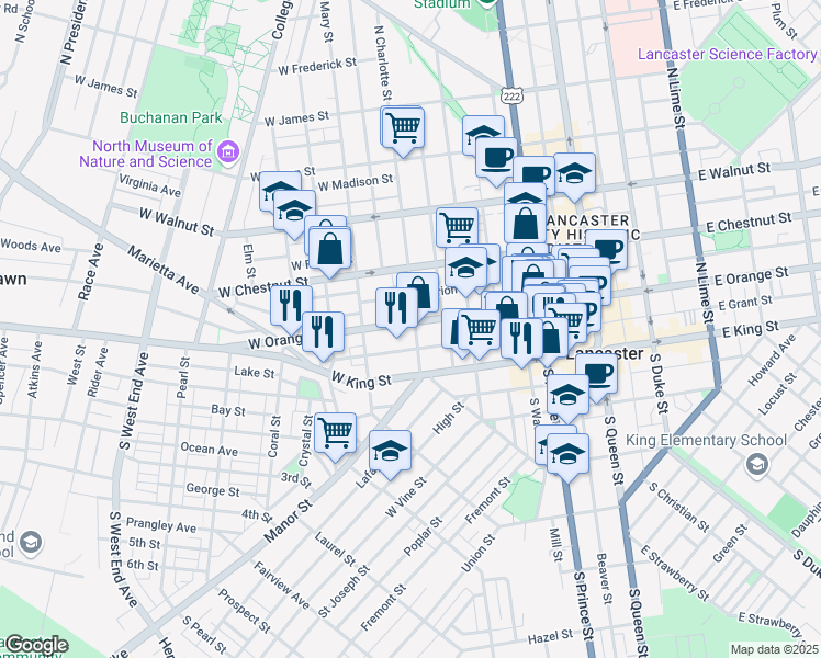 map of restaurants, bars, coffee shops, grocery stores, and more near 27 North Charlotte Street in Lancaster