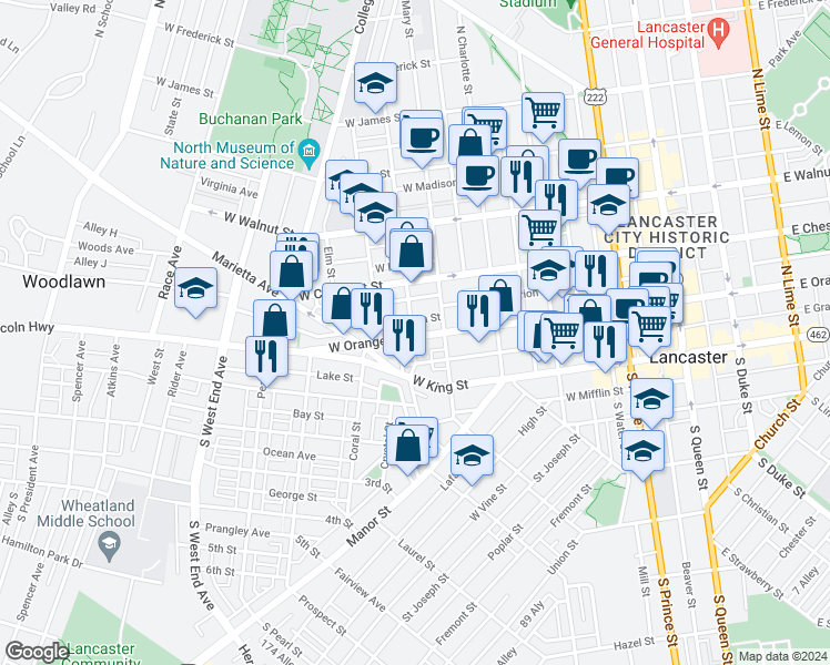 map of restaurants, bars, coffee shops, grocery stores, and more near 31 Lee Avenue in Lancaster