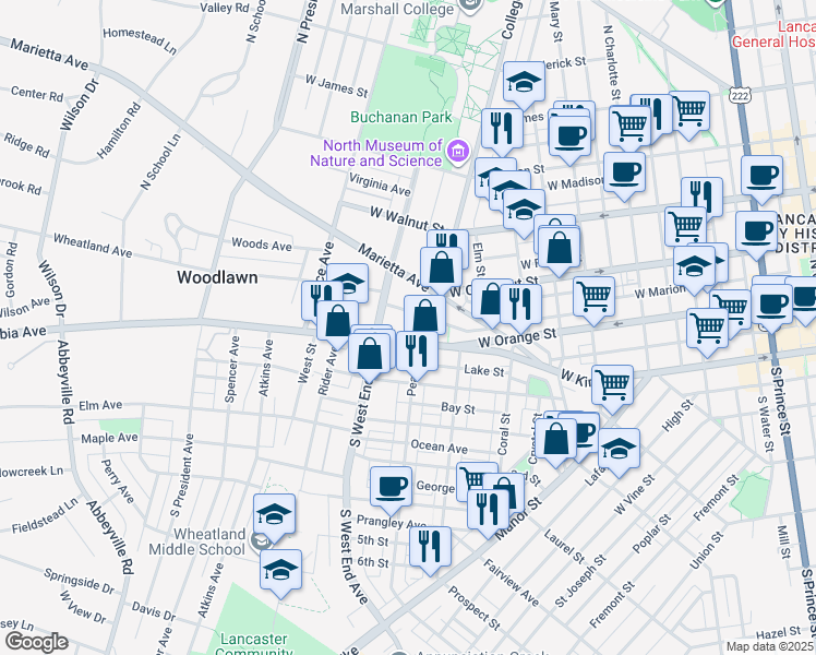 map of restaurants, bars, coffee shops, grocery stores, and more near 738 Pennsylvania 462 in Lancaster