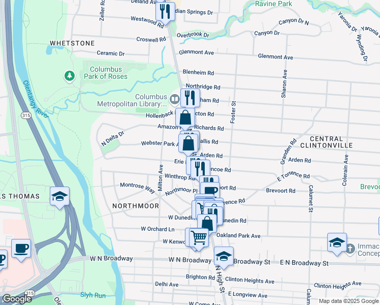 map of restaurants, bars, coffee shops, grocery stores, and more near in Columbus