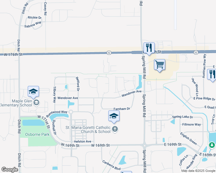 map of restaurants, bars, coffee shops, grocery stores, and more near 17308 Cayuga Drive in Westfield