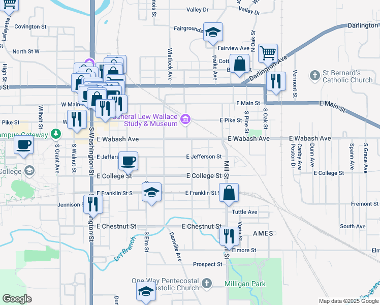 map of restaurants, bars, coffee shops, grocery stores, and more near 605 East Jefferson Street in Crawfordsville