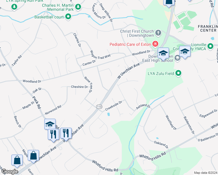 map of restaurants, bars, coffee shops, grocery stores, and more near 1 Northwood Drive in Downingtown