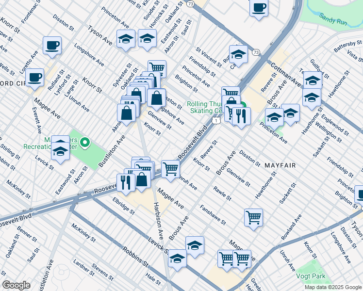 map of restaurants, bars, coffee shops, grocery stores, and more near 2249 Knorr Street in Philadelphia