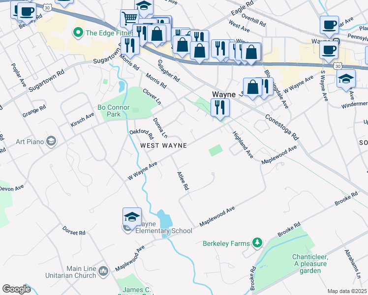 map of restaurants, bars, coffee shops, grocery stores, and more near 500 West Wayne Avenue in Wayne