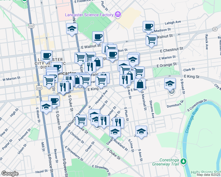 map of restaurants, bars, coffee shops, grocery stores, and more near 1 Howard Avenue in Lancaster
