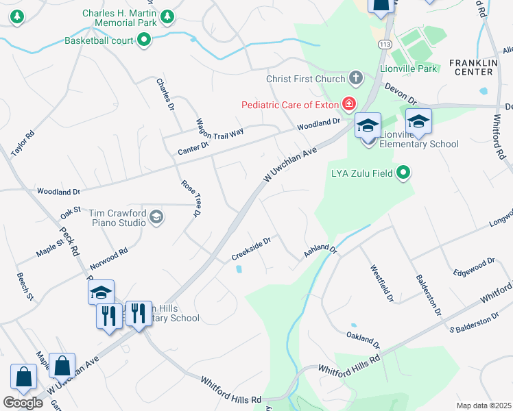 map of restaurants, bars, coffee shops, grocery stores, and more near 2 Pinewood Drive in Downingtown
