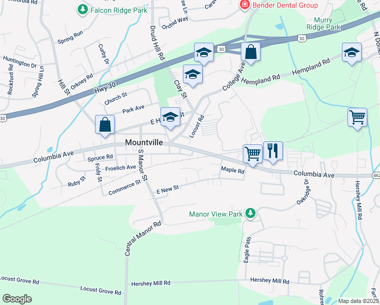 map of restaurants, bars, coffee shops, grocery stores, and more near 148 East Main Street in Mountville
