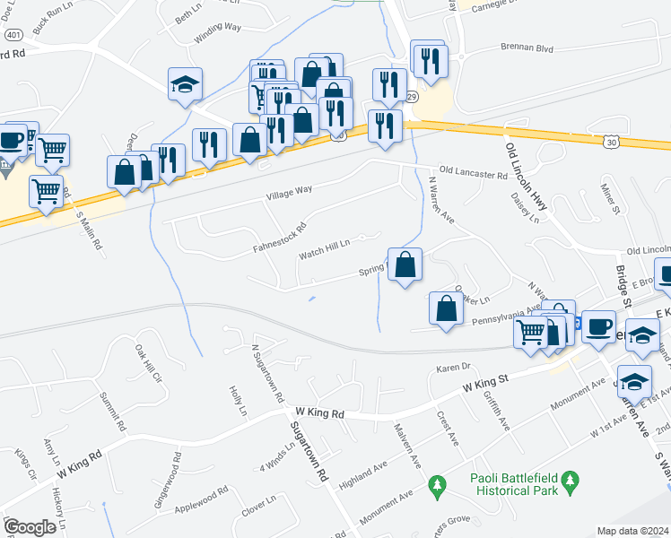 map of restaurants, bars, coffee shops, grocery stores, and more near 78 Spring Road in Malvern