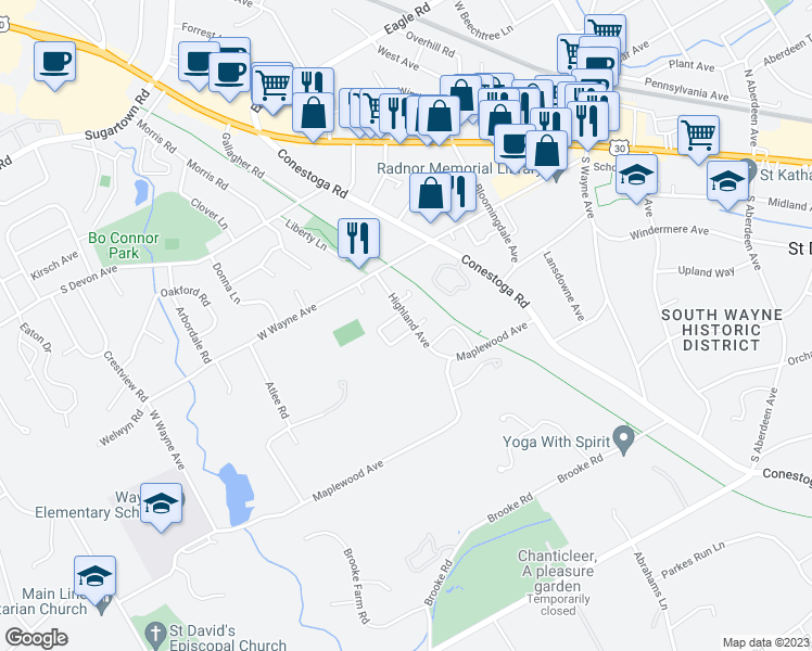 map of restaurants, bars, coffee shops, grocery stores, and more near 242 Highland Avenue in Wayne