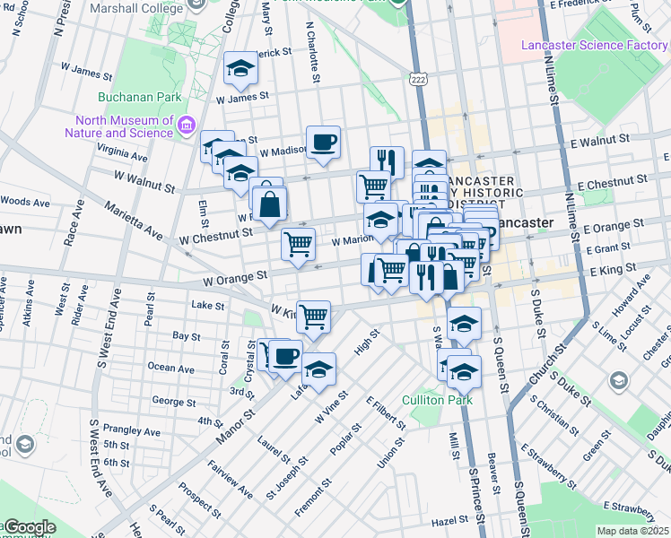 map of restaurants, bars, coffee shops, grocery stores, and more near 404 West Orange Street in Lancaster