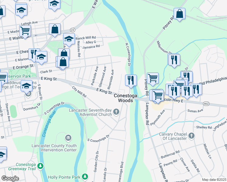 map of restaurants, bars, coffee shops, grocery stores, and more near 1315 East King Street in Lancaster
