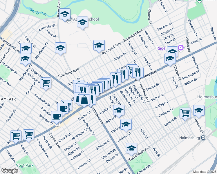 map of restaurants, bars, coffee shops, grocery stores, and more near 3546 Vista Street in Philadelphia