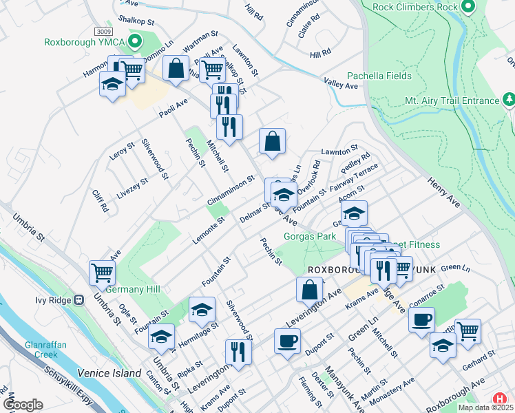 map of restaurants, bars, coffee shops, grocery stores, and more near 444 Delmar Street in Philadelphia
