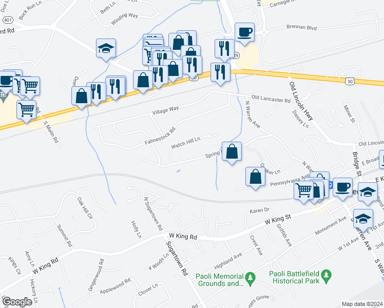 map of restaurants, bars, coffee shops, grocery stores, and more near 78 Spring Road in Malvern