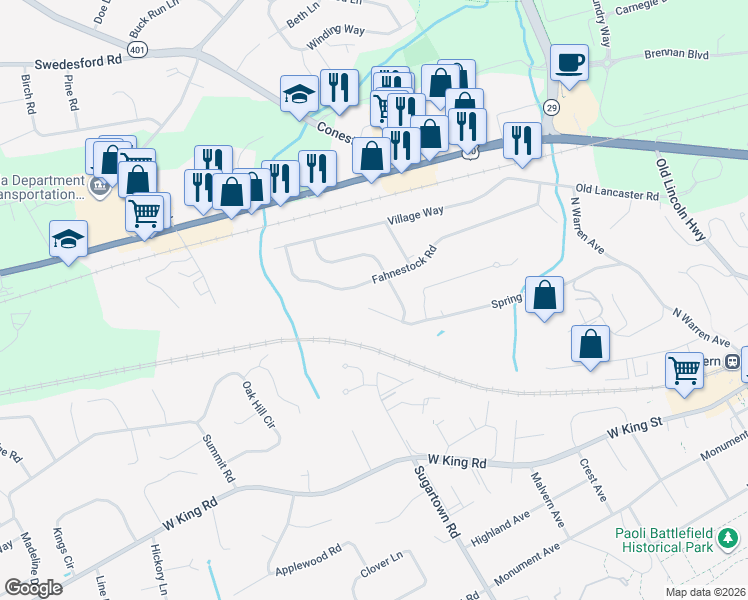 map of restaurants, bars, coffee shops, grocery stores, and more near 115 Spring Road in Malvern
