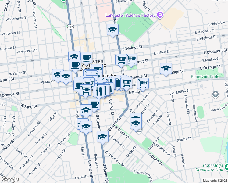 map of restaurants, bars, coffee shops, grocery stores, and more near 100 East King Street in Lancaster