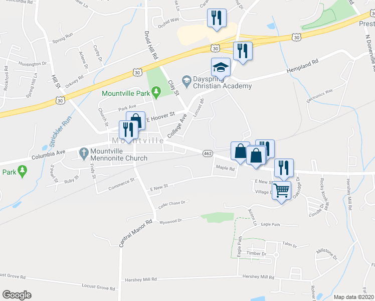 map of restaurants, bars, coffee shops, grocery stores, and more near 156 East Main Street in Mountville