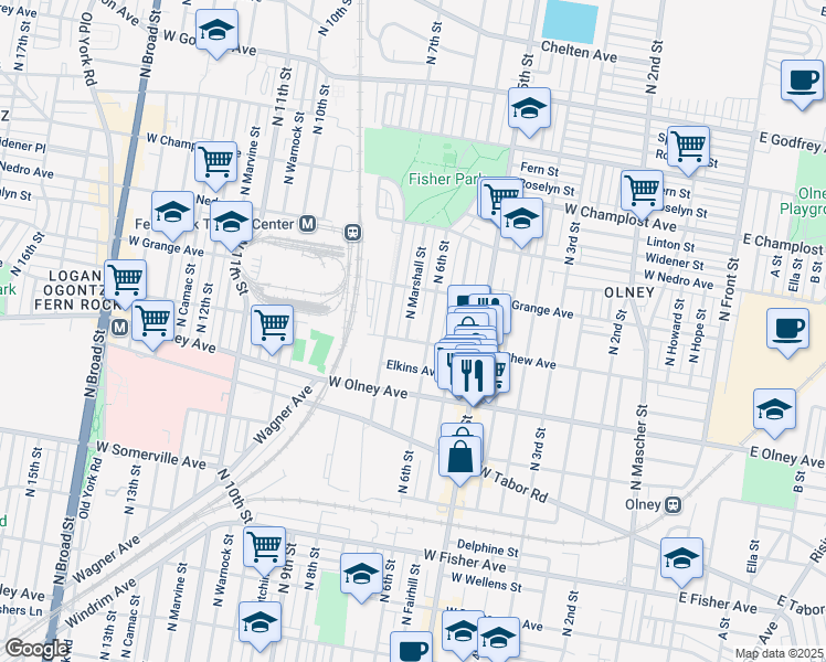map of restaurants, bars, coffee shops, grocery stores, and more near 5709 North Marshall Street in Philadelphia