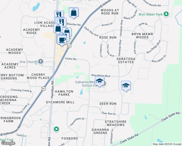 map of restaurants, bars, coffee shops, grocery stores, and more near 799 Riva Ridge Boulevard in Columbus