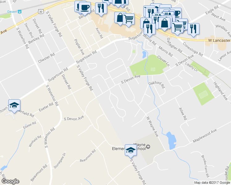 map of restaurants, bars, coffee shops, grocery stores, and more near 111 Eaton Drive in Wayne
