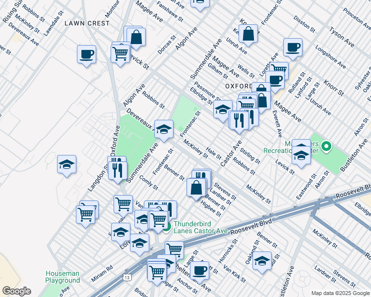 map of restaurants, bars, coffee shops, grocery stores, and more near 1215 Devereaux Avenue in Philadelphia